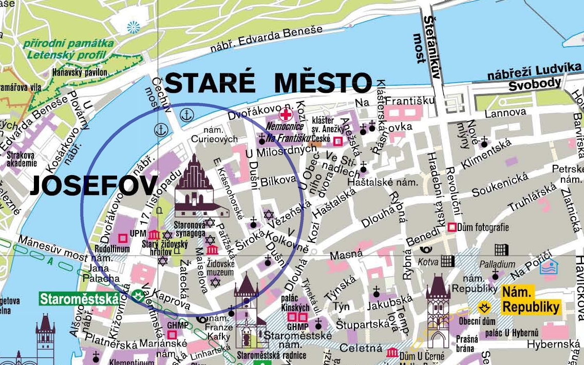 Достопримечательности еврейского квартала в Праге на карте