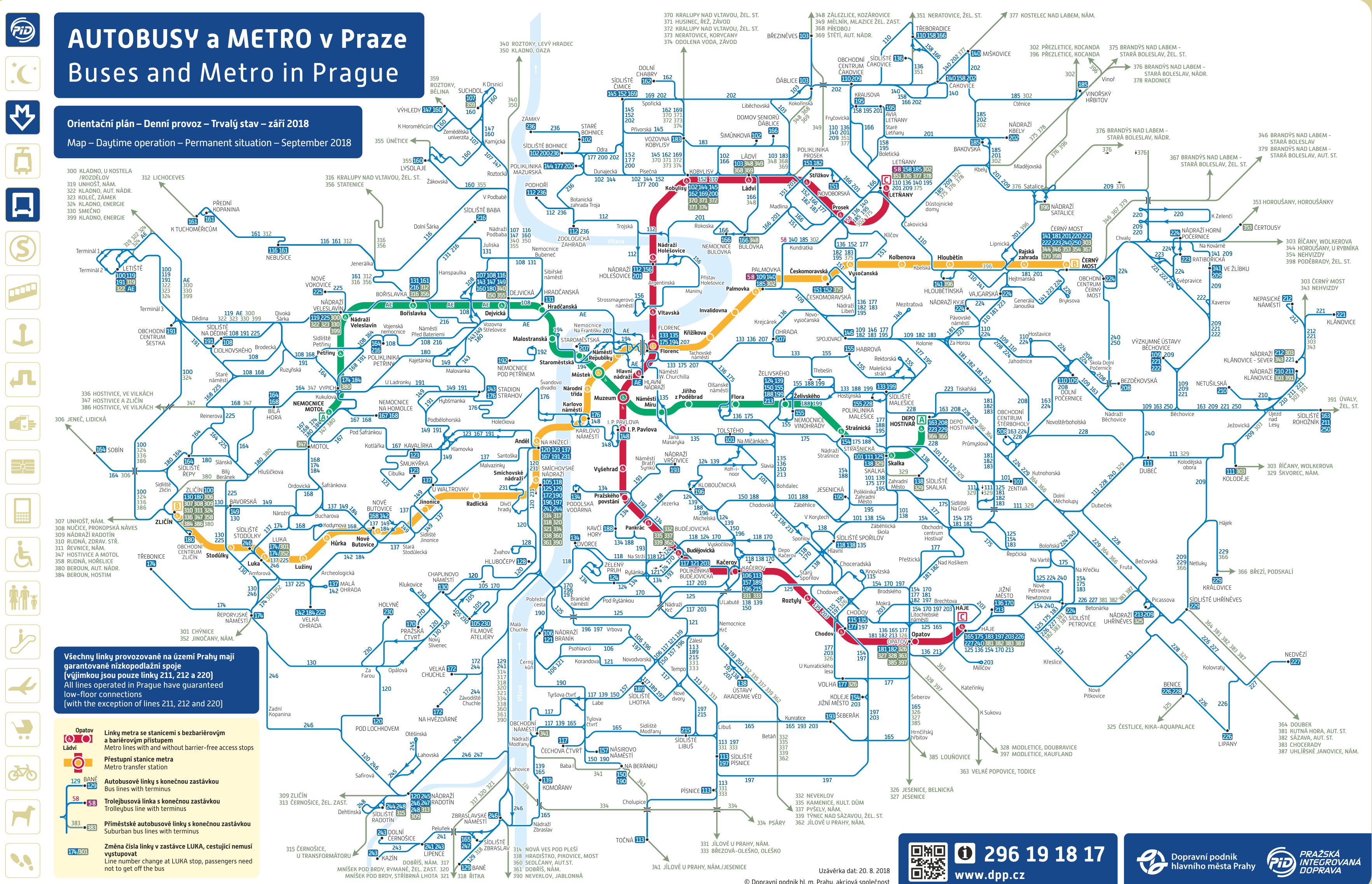 Схема движения автобусов в Праге, дневные маршруты