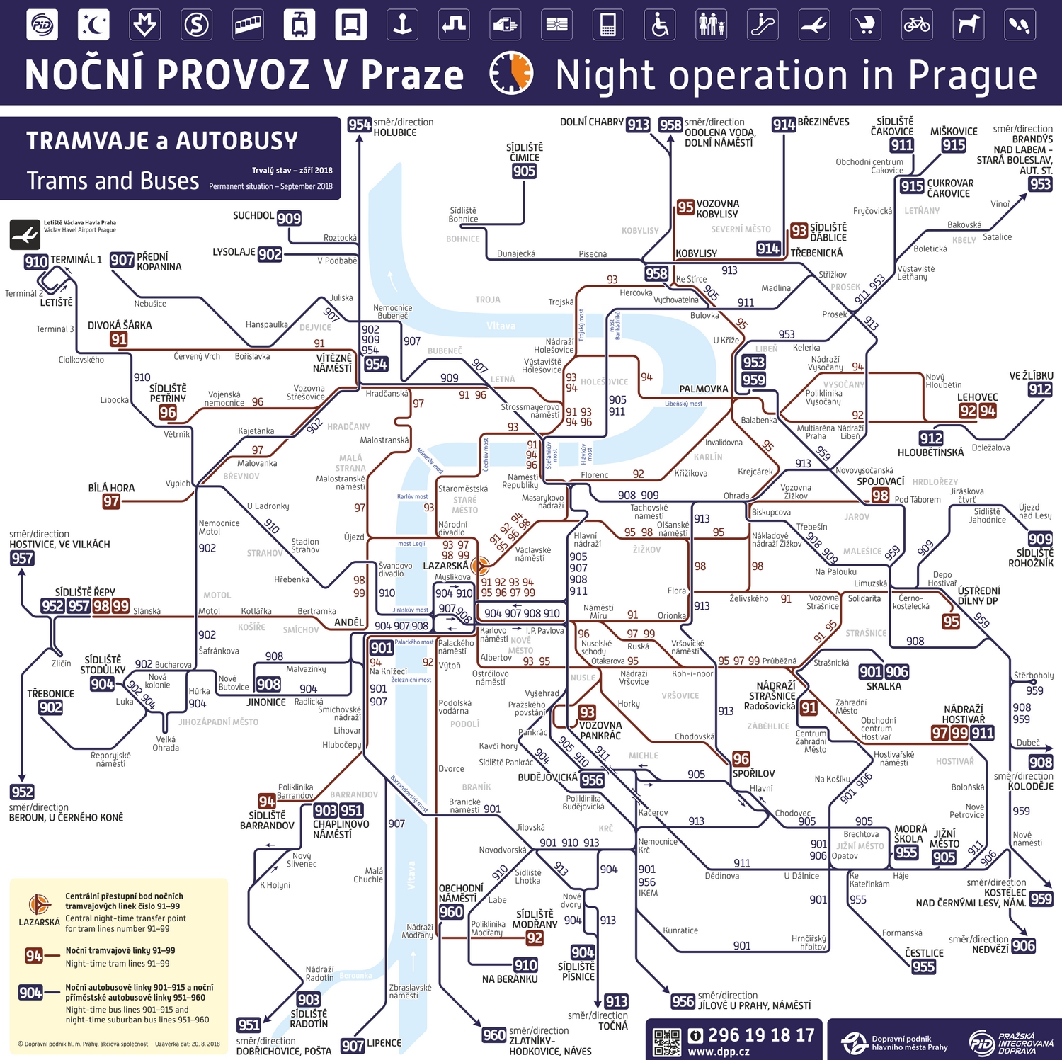 Схема ночных маршрутов Праги, автобусы и трамваи