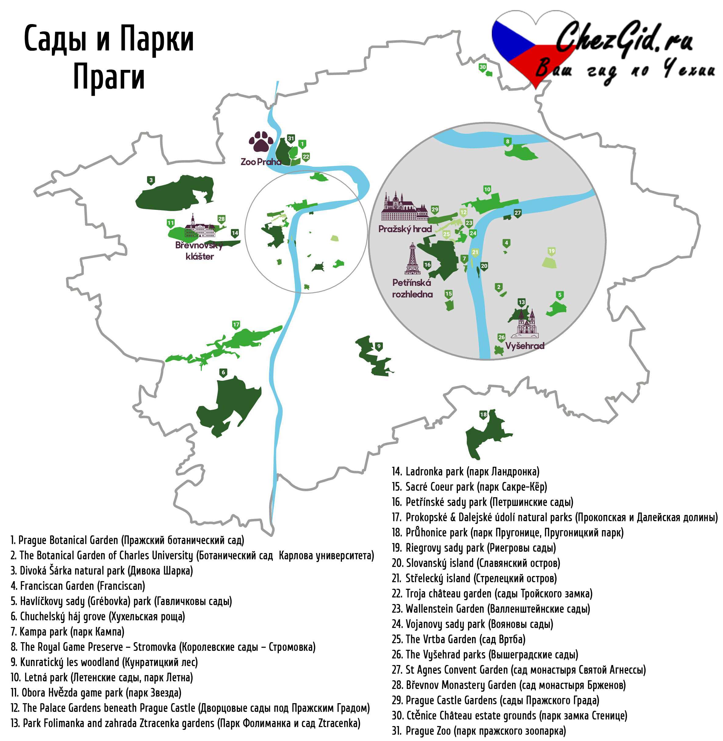 Сады и парки Праги на карте города